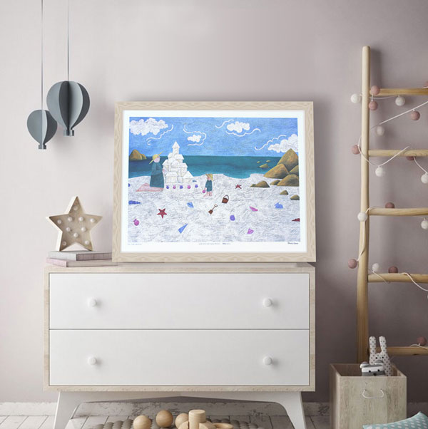 the limited edition print -at the beach- styled in a light frame in a beach themed room