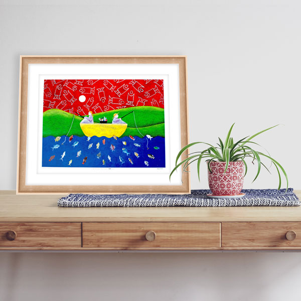 mandys art print of going fishing in a light frame in a minimal modern style
