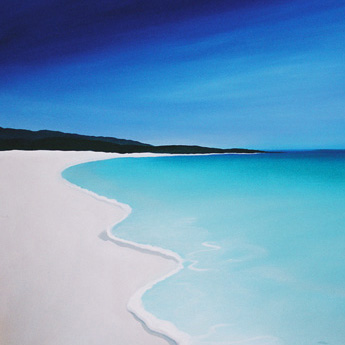 one of Mandys beach paintings depicting a styalized beach with the aqua blue water and white sand common to the dunsborough area