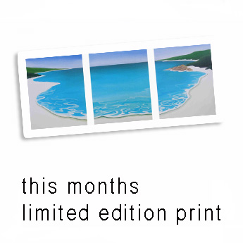 examples of the original castle rock painting that mandy has for sale in this newsletter. Depicting a large rocky headland over an azure blue ocean and crystal white beach