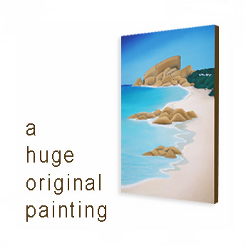 examples of the original castle rock painting that mandy has for sale in this newsletter. Depicting a large rocky headland over an azure blue ocean and crystal white beach