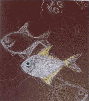 an animation of a drawing from beginning to end of small yellow fish called bullseyesswimming in a school