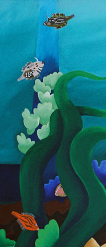 A closeup of the under the jetty painting showing leatherjacket fish swimming around bright coral