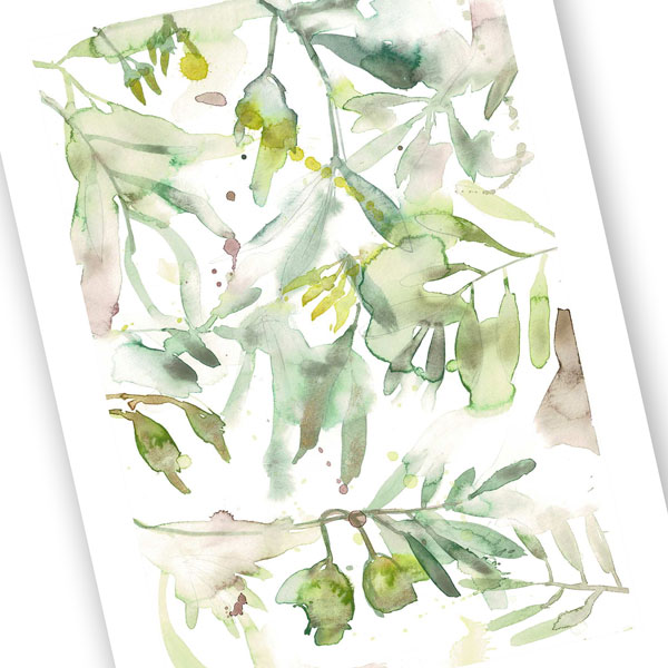 abstract botanical nuts and leaves in sage green with red highlights