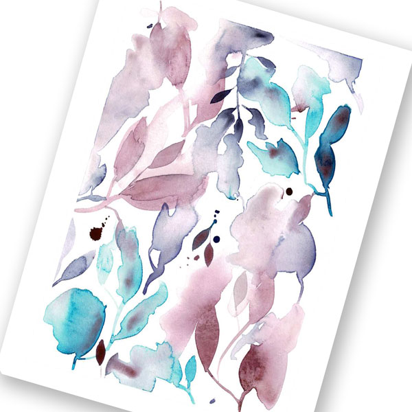 simple botanical blue and magenta shapes in wet on wet watercolour 