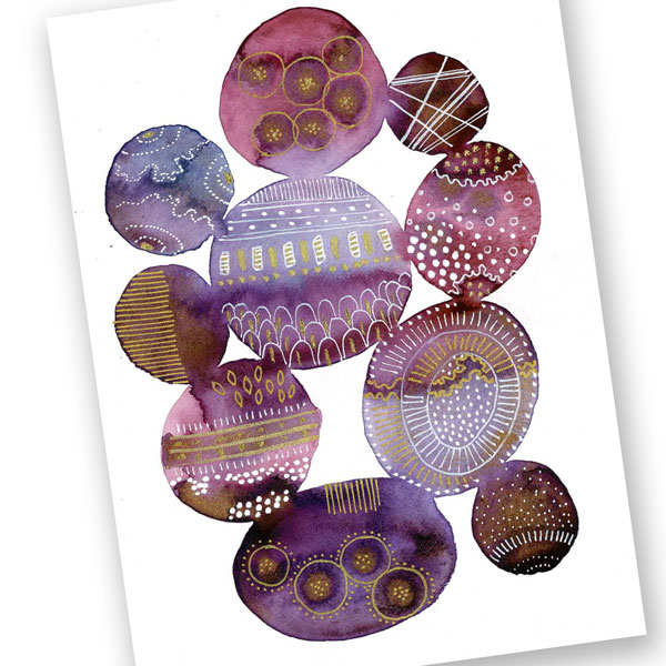 marks and patterns over magenta and blue watercolour circles