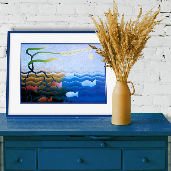 fish and wheat in a blue fram on a matching blue dresser