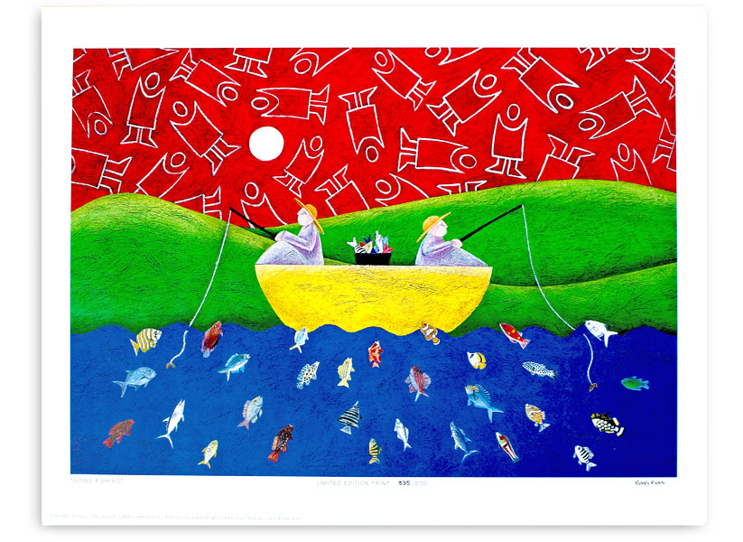going fishing is a limited edition print of a coloured pencil drawing depicting local fish all swimming towards a yellow boat - representing happiness - and their bucket is full - representing abundance - with spirits flying in the red sky - representing support