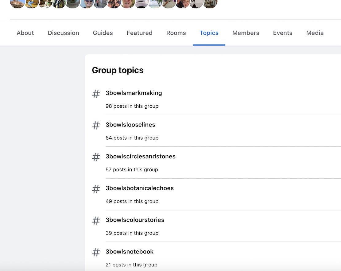a screen shot of the topics section inside of the 3 bowls group  by Mandy
