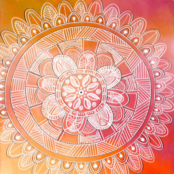 a closeup of one of Mandys sacred mandala paintings with an orange abstract background