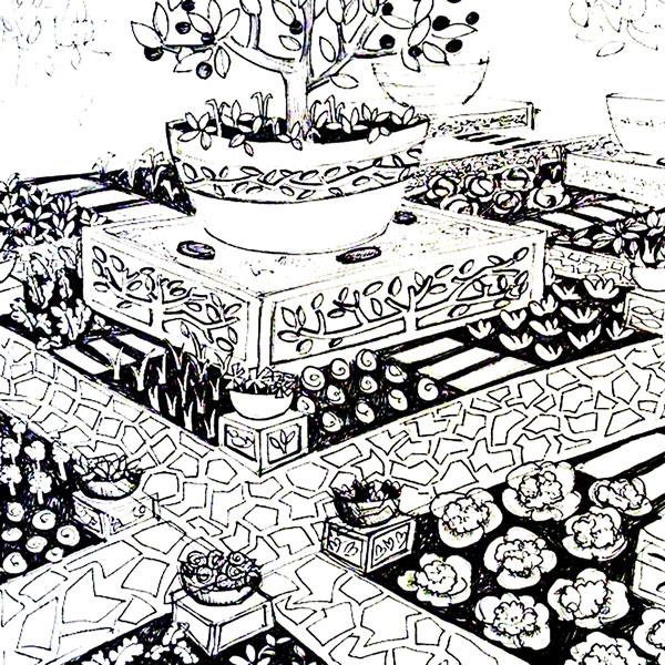 black and white pen drawing by Mandy of a garden with pots and plants and carvings