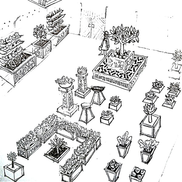 a black and white drawing of a garden 
