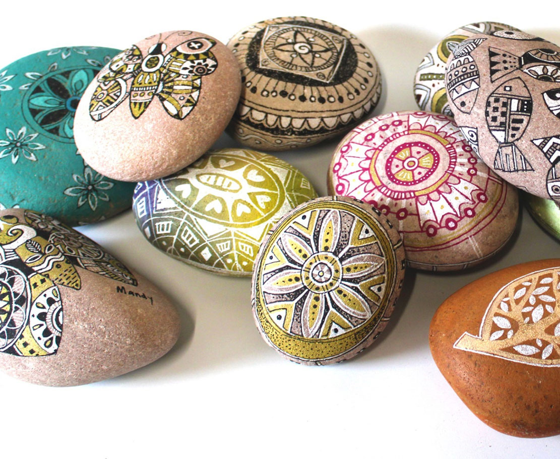 a colourful group of patterned rocks
