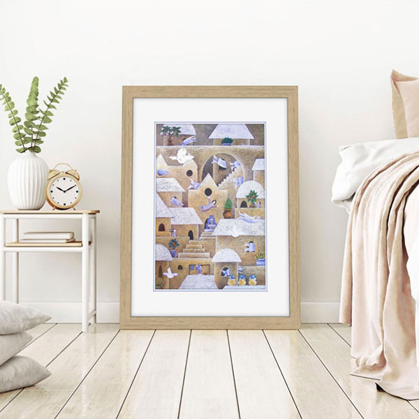 A framed print in a gorgeous earthy natural wood decore