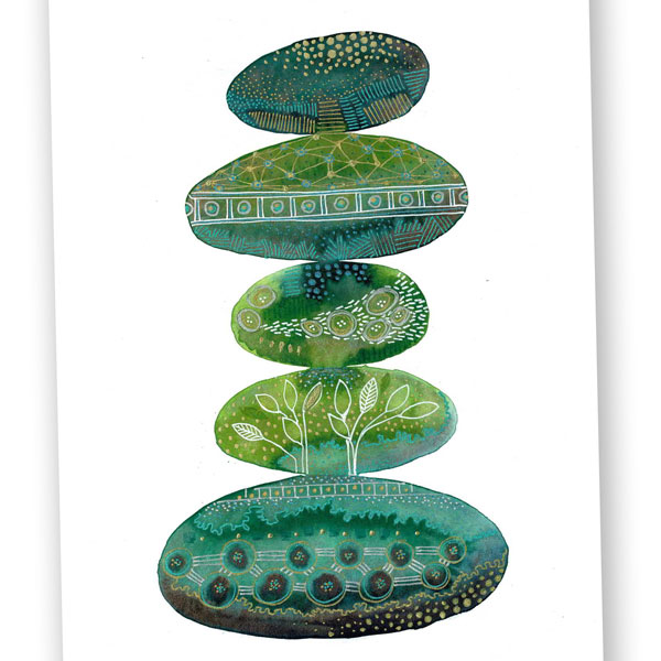 watercolor rocks in greens patterned with mark making