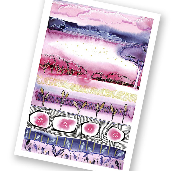 magenta and purpled watercolor wash lined decorated with markmaking