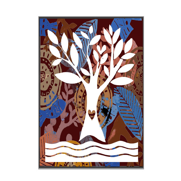 a white tree icon painted over the top of a cacaphony of stamped colours shapes in darker hues