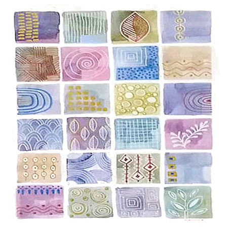 many square watercolor wash shapes overlayed with white markmaking abstract patterns