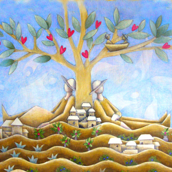 a drawing by mandy evans artist of  two people resting under a tree surrounded by little buildings 