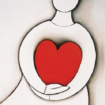 one of Mandys love heart paintings depicting a simplified person holding a big red love heart