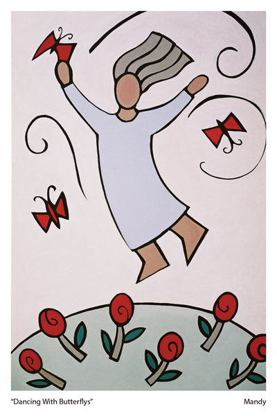 A painting of a styalised person flying in the air with butterflys 