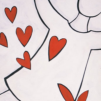 one of the love heart art paintings by Mandy depicting a simplified person dancing in the air surrounded by lovehearts