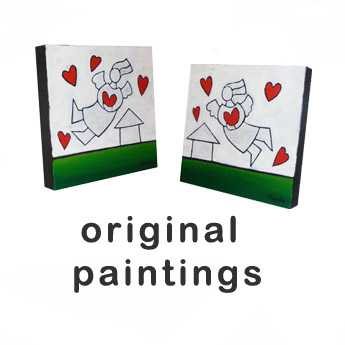 examples of two small original paintings of mandys love heart art with angels flying in the sky