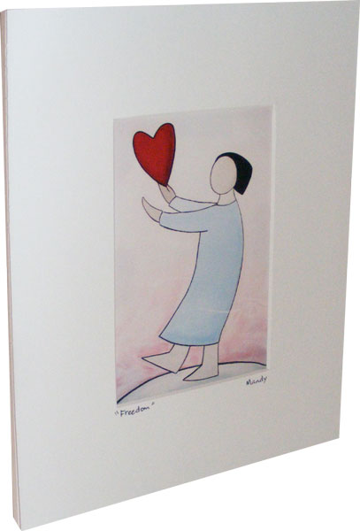 A Heart Image by Mandy Evans Artist depicting a styalised person on a hill releasing an icon of a love heart into the wind. The message being -I send you my love.