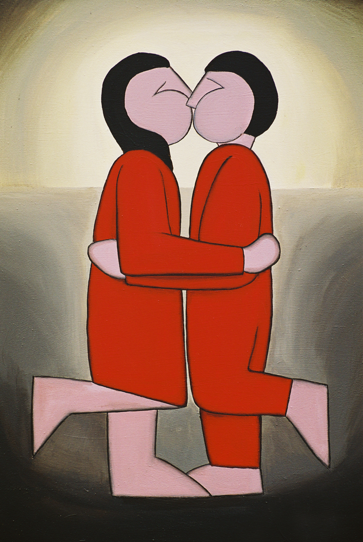 This painting is a bold red iconic image of two people kissing