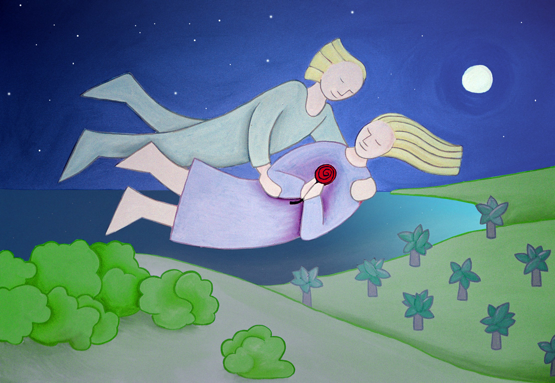 A painting of two lovers floating in a purply blue sky at night -promoting love is in the air