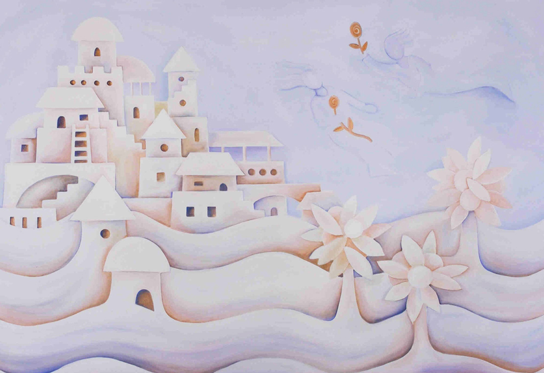 this paintings is  light an white with flecks of gold. It is of two lovers flying in the sky over buildings 