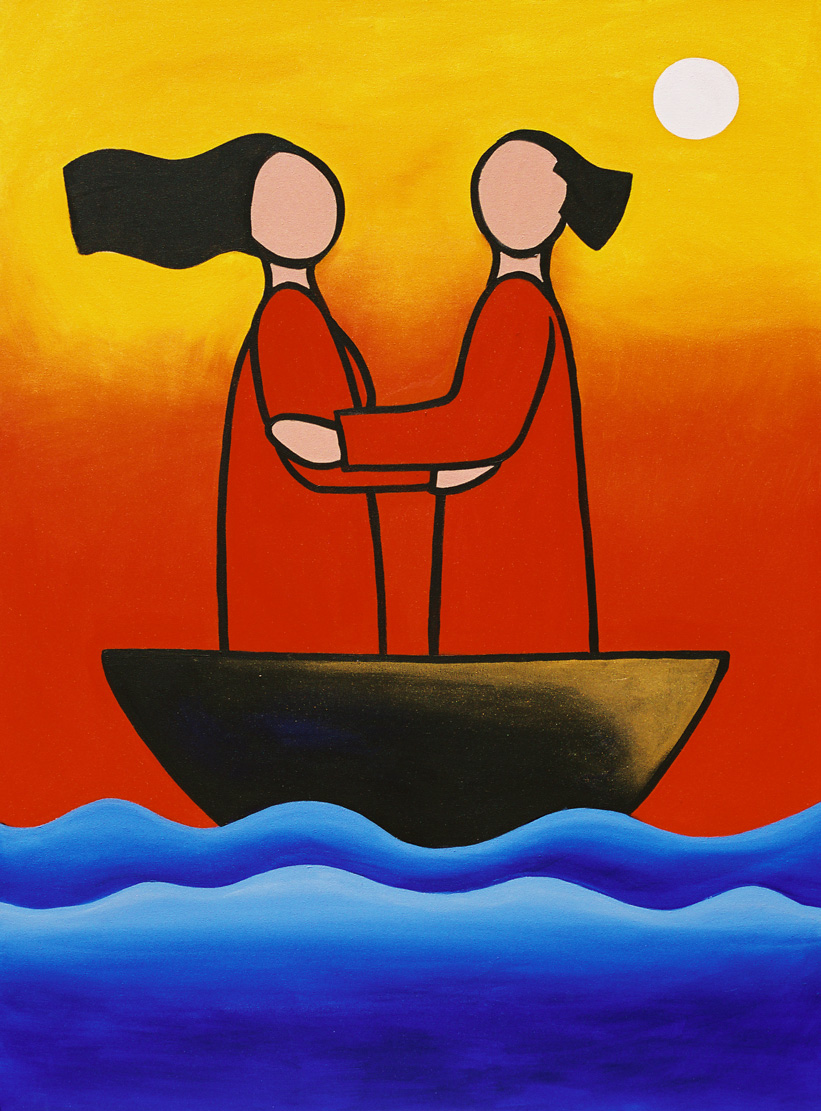 Two people standing in a boat facing each other- representing the balancing art of relationships