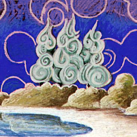 a pastel drawing of three trees with maori icins hidden within them