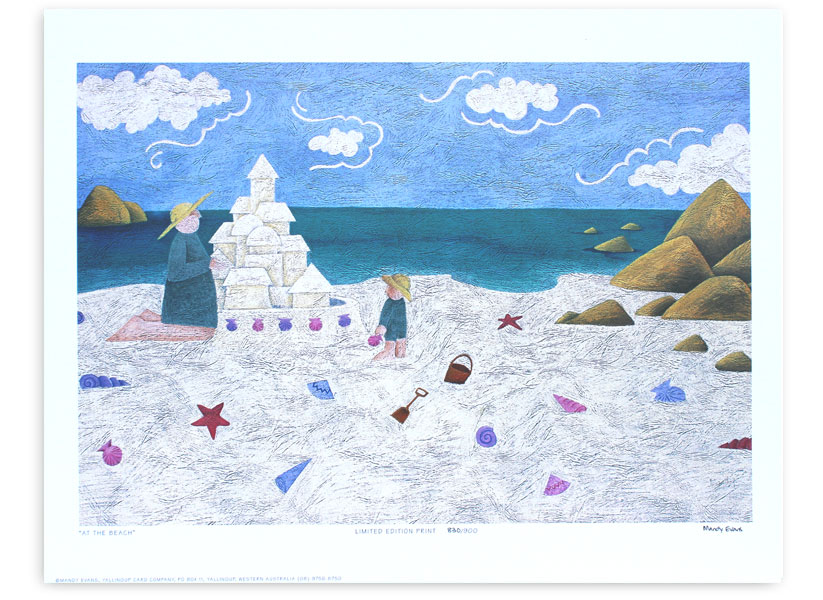 The picture of At The Beach is drawn with coloured pencils onto a black leathercraft paper, so you can see the leather crinkles creating a texture in the image <br /><br /> It is a stylised view of my son and I at the beach building sandcastles on a lovely day