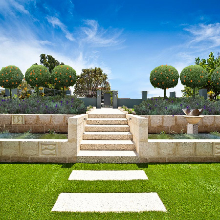 a photoshopped version of a hardlandscaped garden including mandys sculptures