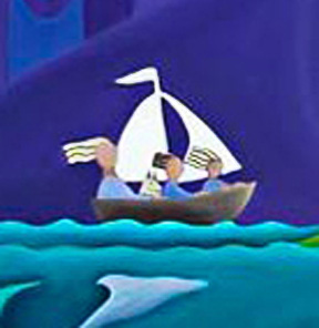 a closeup of the moon woman print - of three people and a dog in a boat