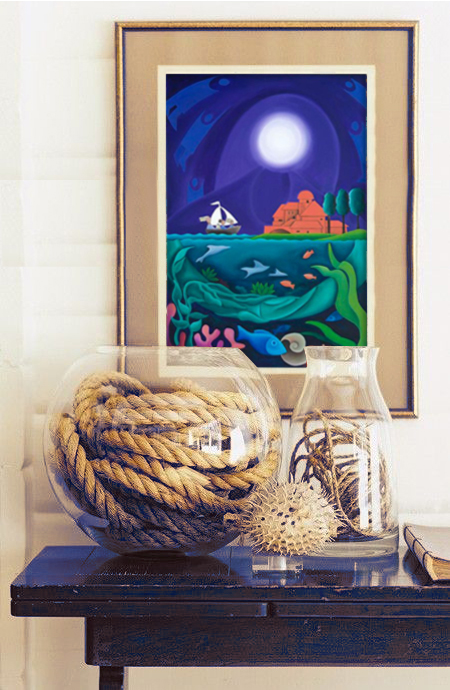 A framed limited edition print of Moon Woman in the same display