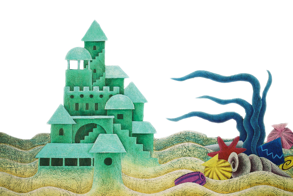 a green castle like building under the ocean with colourful shells an floating seaweed