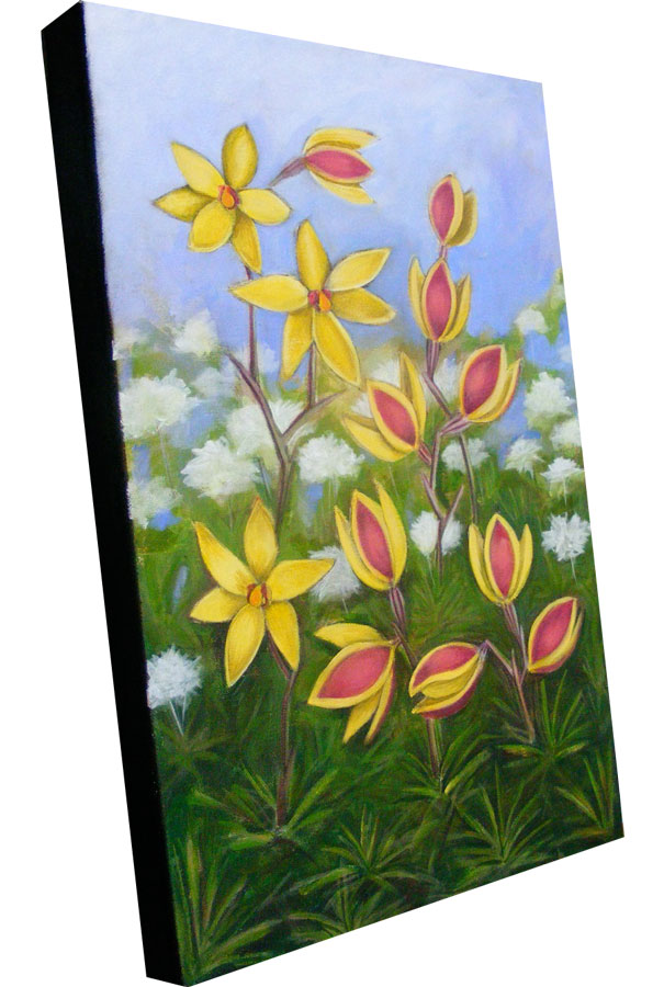 A painting of the various stages of bud and full flower of the yellow and maroon vanilla orchid wildflower