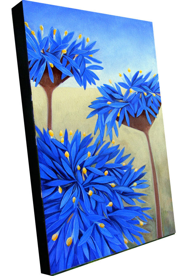A framed print of a vibrant blue wildflower painting from Western Australia called the Native Cornflower